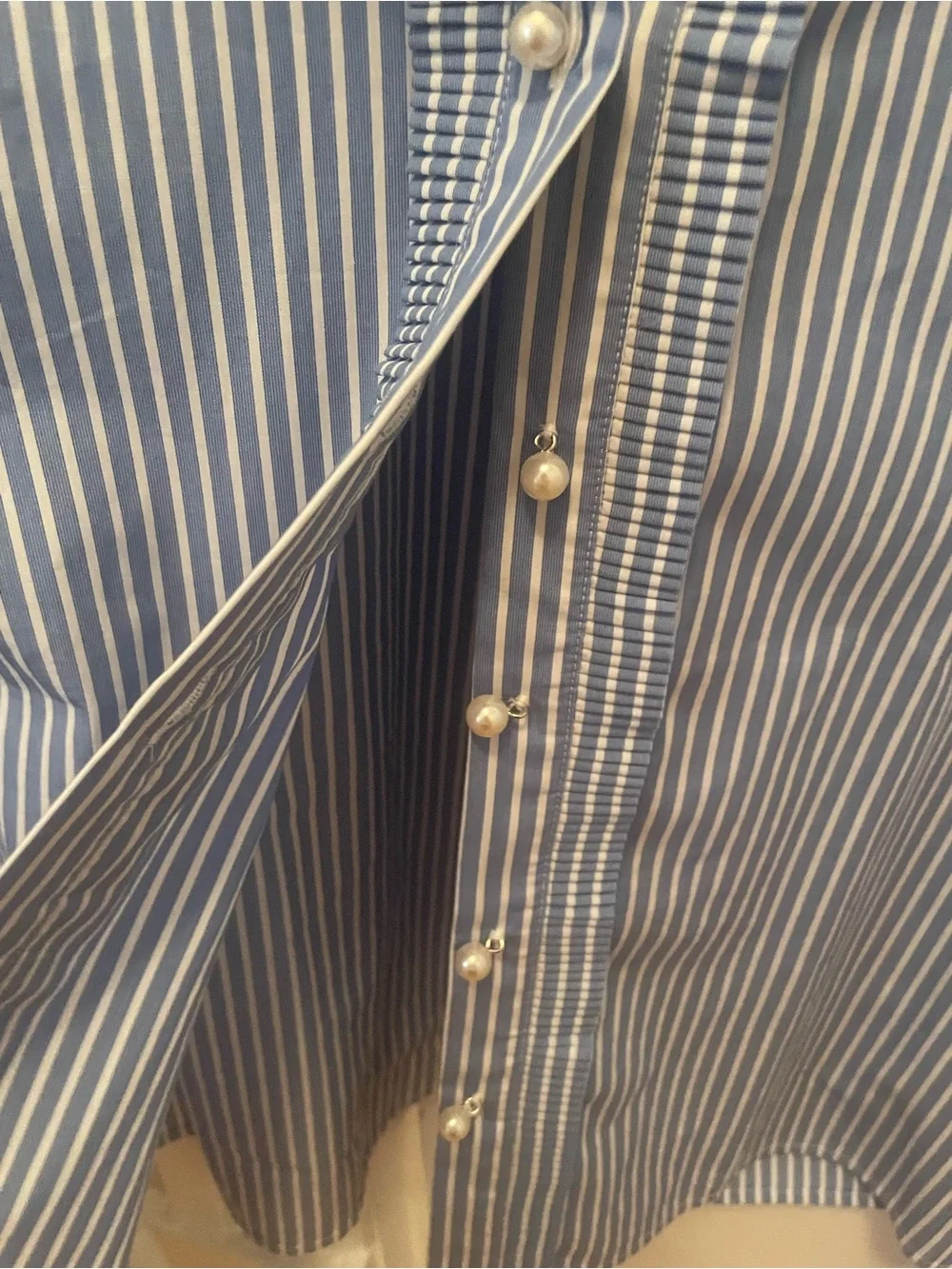 J. Crew cropped garçon Blue and White Pinstripe Shirt with pearl buttons